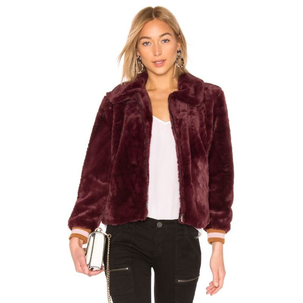 J.O.A. Just One Answer Faux Fur Full Zip Bomber Jacket Wine Womens Size Small